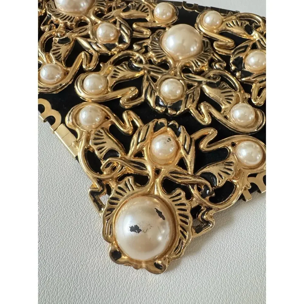 Vintage Baroque Faux Pearl Corset Belt Gold Filigree Black Velvet Maximalist